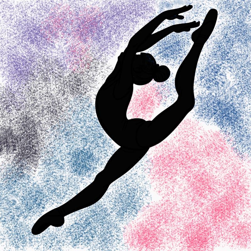 gymnast doing a leap in a leotard with a bent back leg