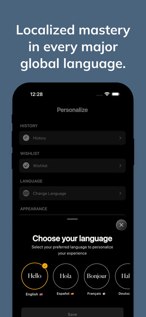 Cocktails & AI Bartender - Language selection screen in the Cocktale app showing options for English Spanish and French