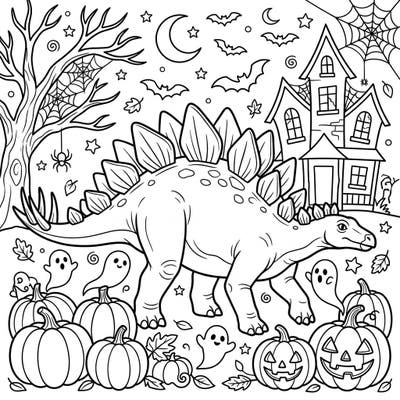 Step into a prehistoric Halloween night with this fantastic Stegosaurus coloring page! Adorned with grinning jack-o'-lanterns, playful ghosts, and eerie haunted houses, it's a frightfully fun scene waiting for your artistic touch.