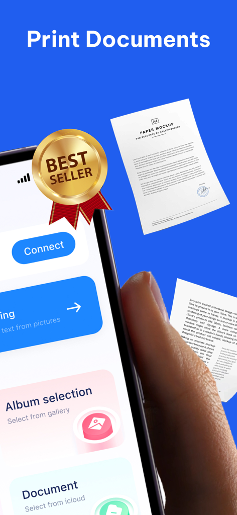 Printer Mini - Printer Mini mobile app interface showing document printing options and a best seller badge