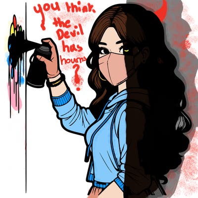 realistic girl with mask spray painting a wall