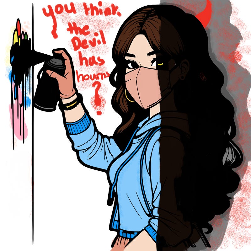 realistic girl with mask spray painting a wall