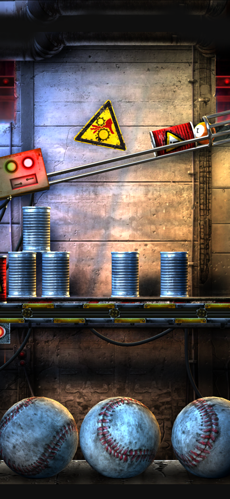 Béisboles listos para ser lanzados a pilas de latas de metal en un nivel de almacén industrial