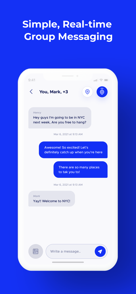 Zocal - Live Location Sharing - Interfaz de mensajería grupal en tiempo real en la aplicación Zocal que muestra un chat entre amigos planeando un viaje