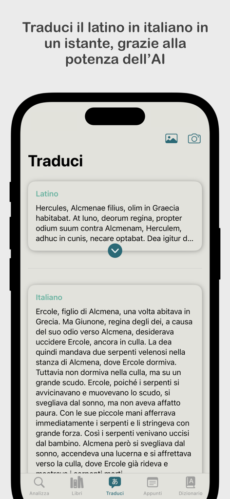 Latinorum - Latinorum mobile app interface showing a Latin text being translated into Italian using AI.