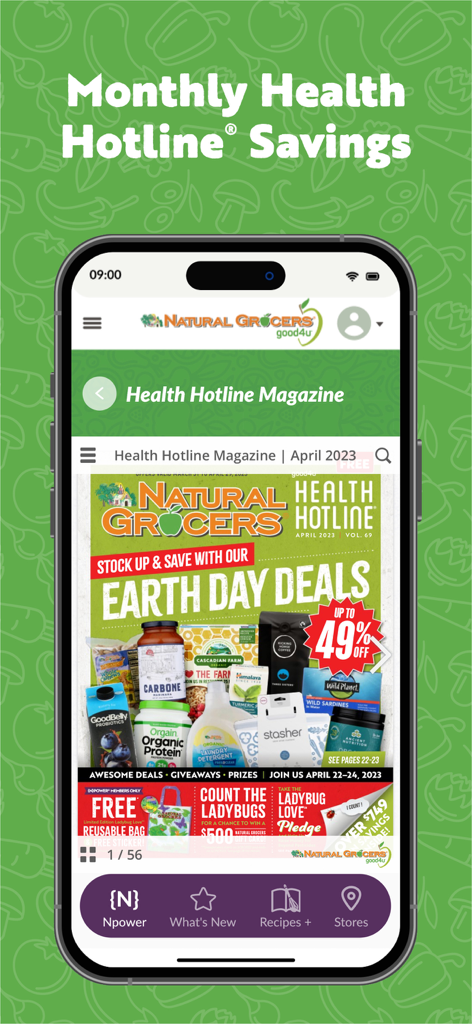 Natural Grocers - Rivista Health Hotline dell'app Natural Grocers che mostra risparmi mensili e offerte per la Giornata della Terra su prodotti biologici