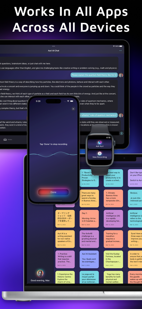 Auri AI Keyboard & Assistant - Auri AI Keyboard and Assistant working across iPhone, iPad, Apple Watch, and Mac