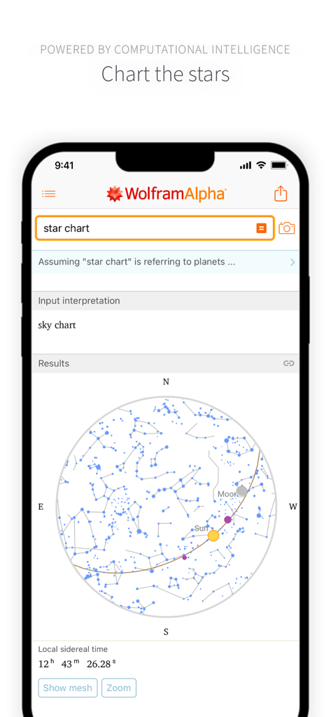WolframAlpha Classic - WolframAlpha Classic app displaying a detailed celestial star chart result