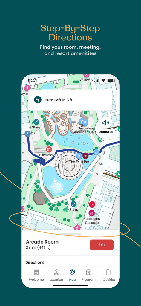 Mobile interface showing indoor map with step-by-step walking directions for Gaylord Hotels resort.