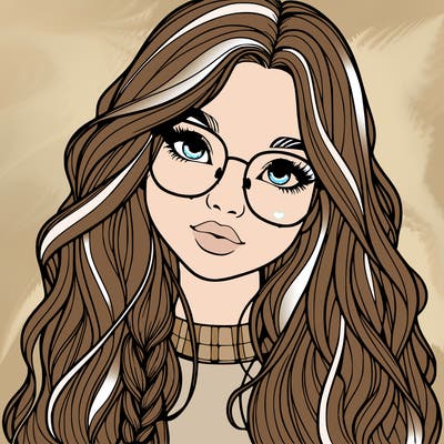 girl with long hair and freckles and glasses realistic
