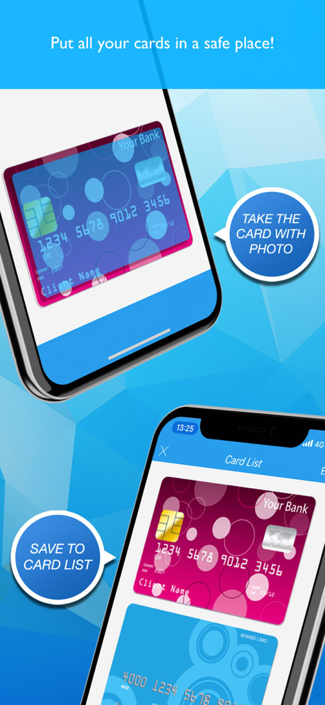 Secure Card -manager,credit - Secure Card app interface demonstrating credit card photo scanning and digital card list management