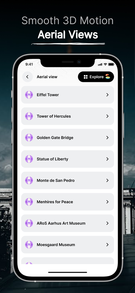 Live Earth Map - Live Camera - Tela do iPhone mostrando uma lista de marcos mundiais para visualizações aéreas 3D, incluindo a Torre Eiffel e a Estátua da Liberdade.