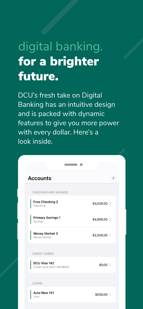 Interface do aplicativo DCU Digital Banking exibindo saldos de contas correntes, poupança, cartões de crédito e empréstimos