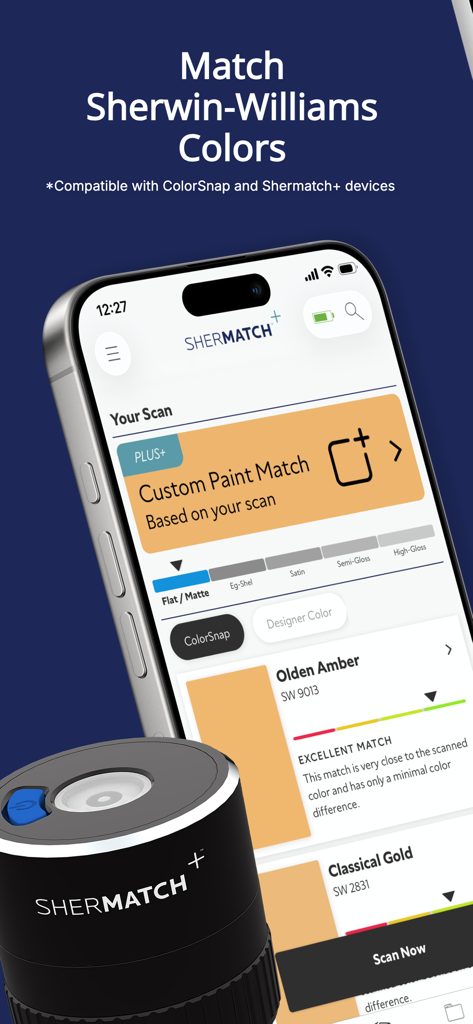 SherMatch+ - SherMatch plus mobile app interface showing a custom paint match result with a hardware scanning device