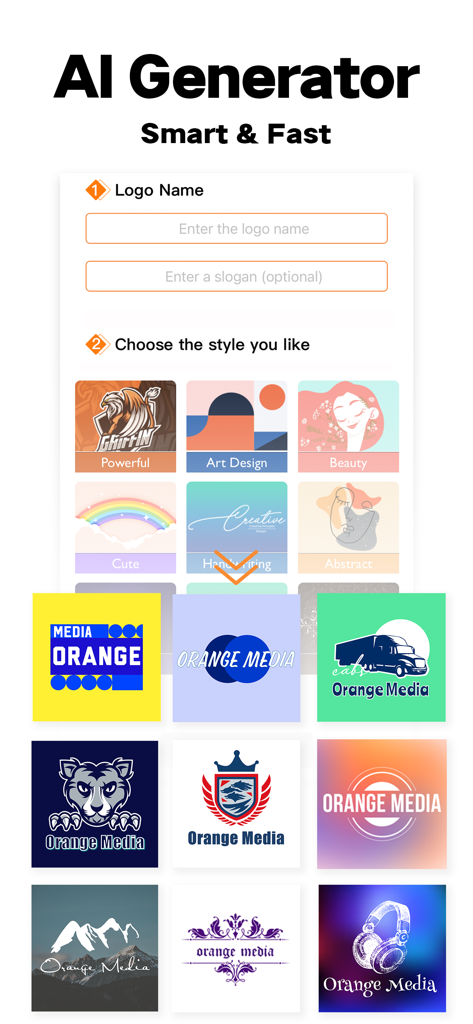Logo Maker: Watermark Designer - Interface of an AI logo generator app showing style selections and a grid of brand logo results
