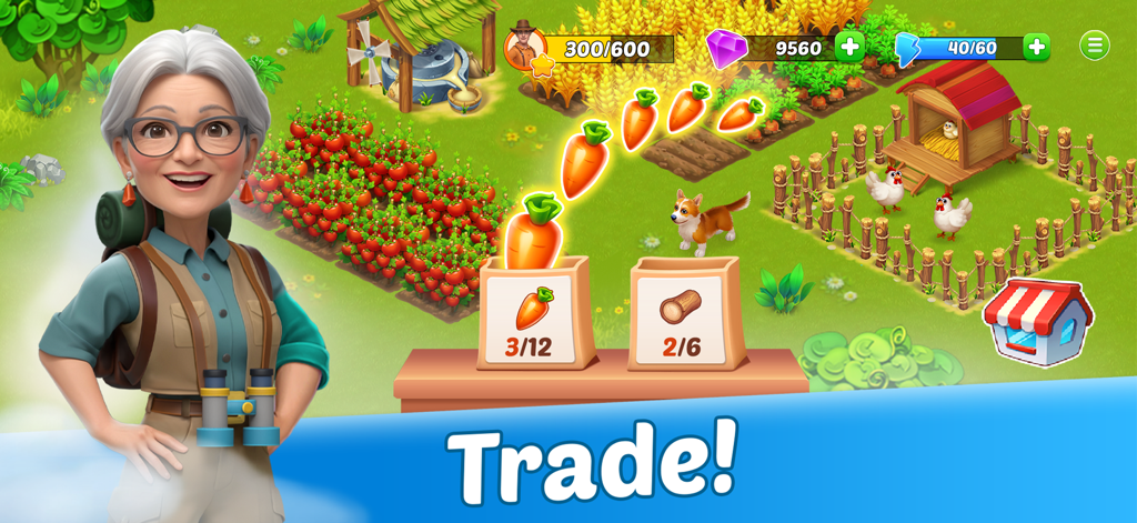 Una exploradora junto a una granja tropical y una interfaz de comercio en Griffin Island Farm Adventure.