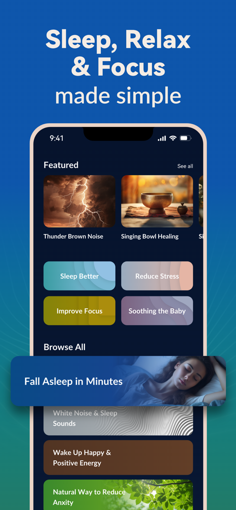 ADHD Sound App: Sleep & Focus - Smartphone screen displaying the ADHD Sound App interface for sleep relax and focus soundscapes