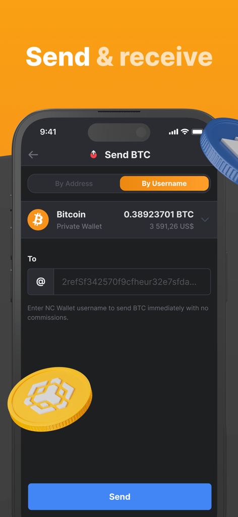NC Wallet interface for sending Bitcoin by username with no commission fees