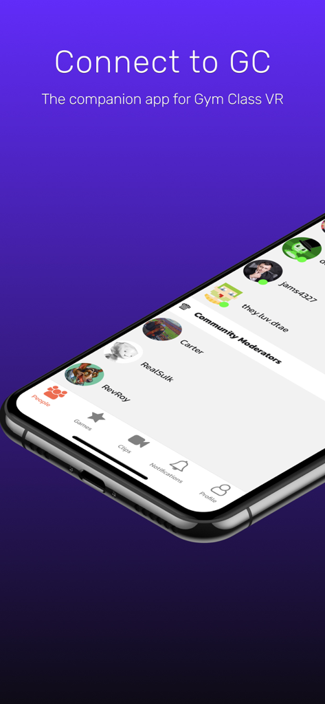 Gym Class VR: Companion App - Gym Class VR Companion App interface showing the people tab with a list of friends and community moderators on a smartphone