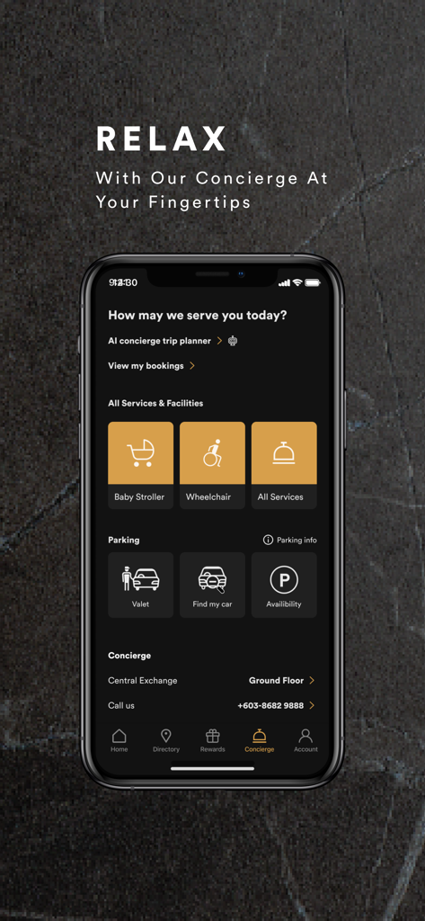 The Exchange TRX - The Exchange TRX mobile app concierge screen showing options for baby strollers, wheelchairs, and valet parking services.