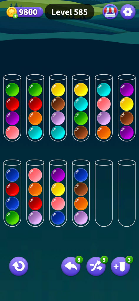 Color Ball Sort - Puzzle Games - Jugabilidad de Color Ball Sort puzzle mostrando varias bolas de colores en tubos de cristal para clasificar