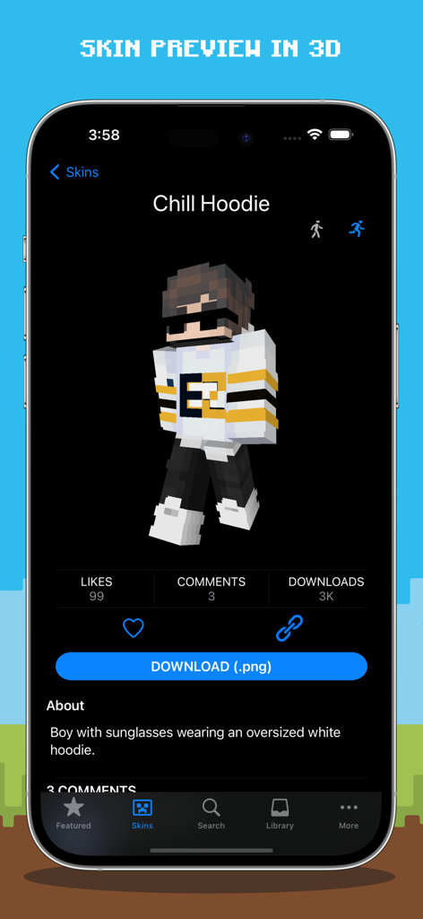 Master Mods For Minecraft PE - 3D preview of a character skin in the Master Mods for Minecraft PE app