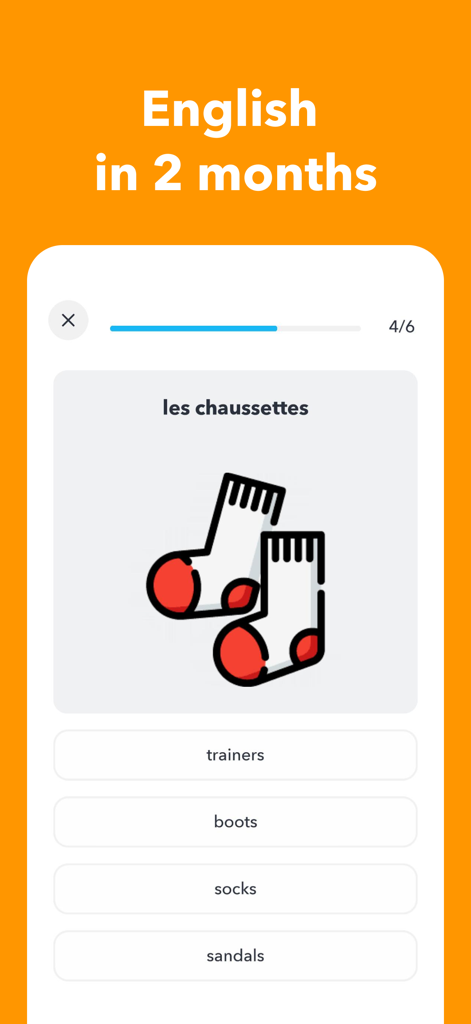 Interface d'application mobile montrant un quiz de vocabulaire anglais avec une illustration de chaussettes et des réponses à choix multiples