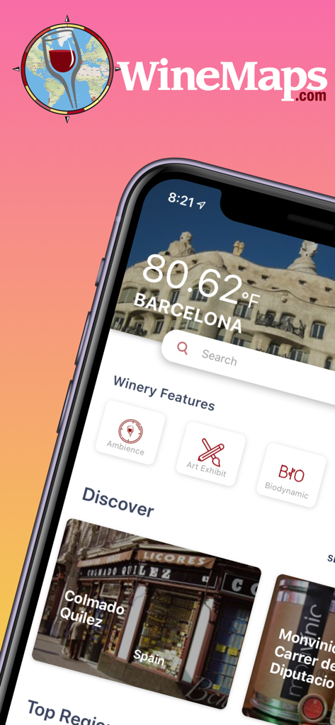Interfaz de la app WineMaps mostrando funciones de descubrimiento de vino y búsqueda de bodegas en Barcelona