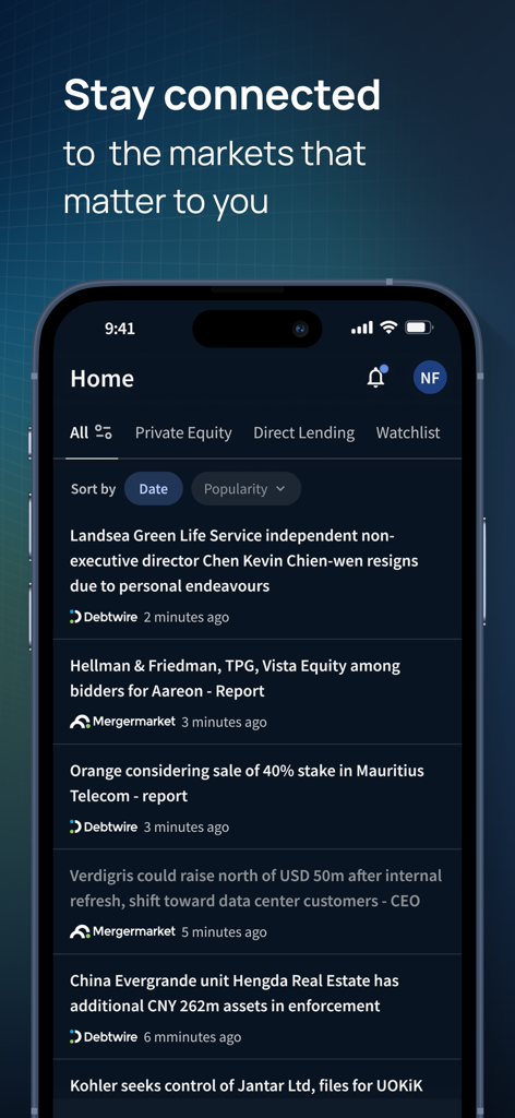 ION: Mergermarket & Debtwire - ION Mergermarket and Debtwire app home screen showing a real time financial news feed for professional dealmakers.