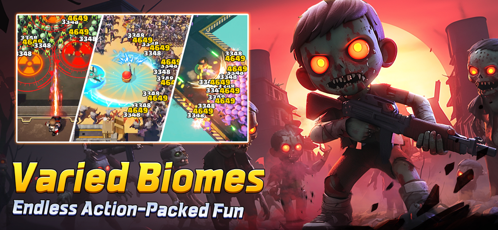 Zombie.io game screen showing varied biomes and endless action-packed fun with a stylized zombie character