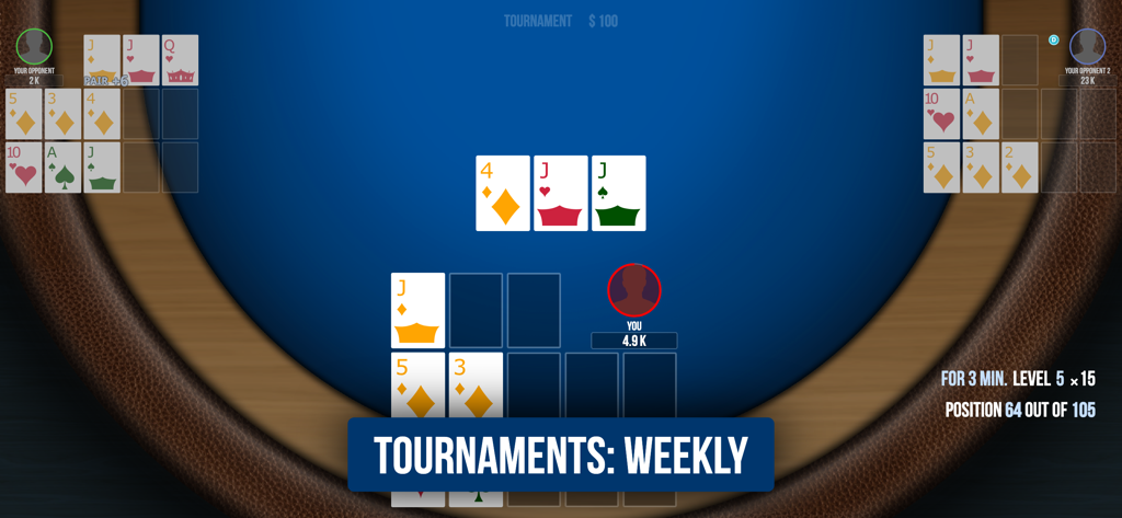 毎週のトーナメント参加を強調する、オープンフェイス・チャイニーズポーカー・パイナップルのゲームプレイ画面