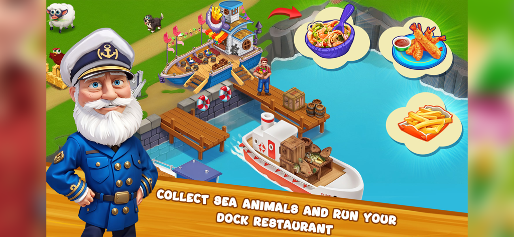 A sea captain standing in front of a dock with a restaurant boat and sea food dishes in Farm Day Village
