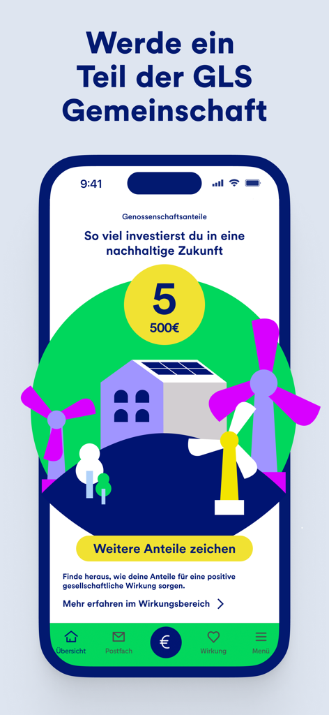 GLS Banking - GLS Banking app screen showing investment in cooperative shares for a sustainable future with renewable energy illustrations.