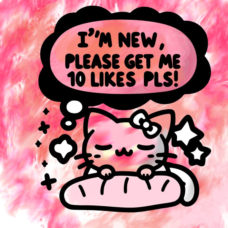 kitty taking a nap dream talking and saying "i'm new, please get me at least 10 likes pls!!"