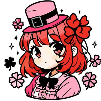 a manga-style girl with clovers around her, a little hat in her hair, like it's saint patrick's day