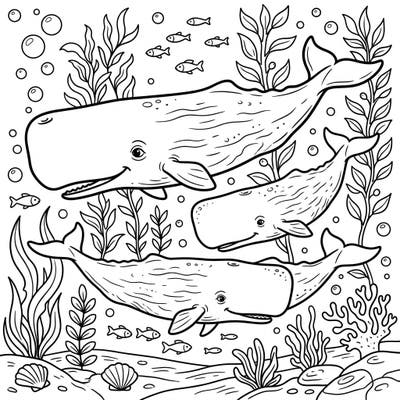 Explore the depths with this delightful coloring page featuring a family of friendly sperm whales! Designed especially for young artists, it offers engaging details of ocean life perfect for creative expression.