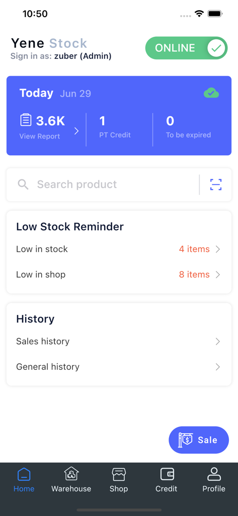 Yene Stock - Manage Inventory - Yene Stock mobile app dashboard displaying inventory summaries and low stock reminders.