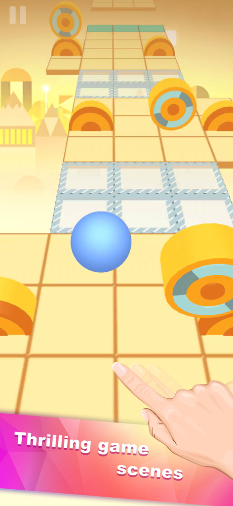 Rolling Sky - Una bola azul rodando por un camino 3D de baldosas evitando obstáculos naranjas con una mano demostrando el control de deslizamiento