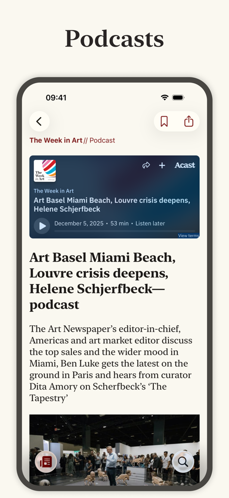 The Art Newspaper - The Art Newspaper app podcast page displaying news about Art Basel and the Louvre