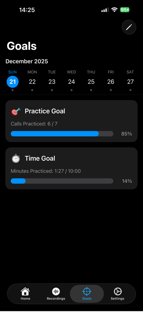 Goals screen in the Fake Call Practice app showing progress for call and time targets.