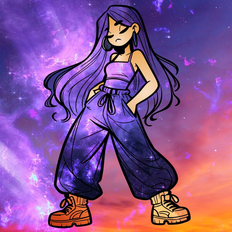 girl in baggy pants crop top and long hair