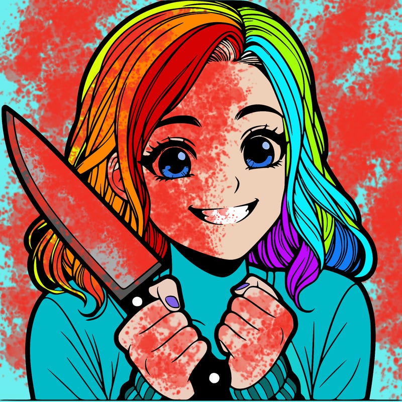 a realistic girl holding a knife and grinning