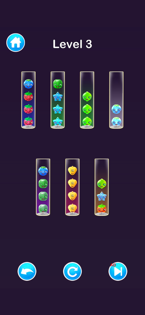 Sort Puzzle & Color Ball Games - A mobile gameplay screenshot of Sort Puzzle and Color Ball Games showing colored character balls being sorted into glass tubes.