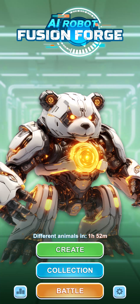 AI Robot Fusion Forge - Pantalla de inicio del juego AI Robot Fusion Forge que muestra un panda robótico y opciones de menú