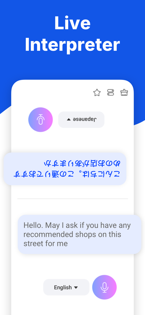 Oberfläche des Live-Dolmetscher-Modus, die eine Echtzeit-Zwei-Wege-Übersetzung zwischen Englisch und Japanisch zeigt.