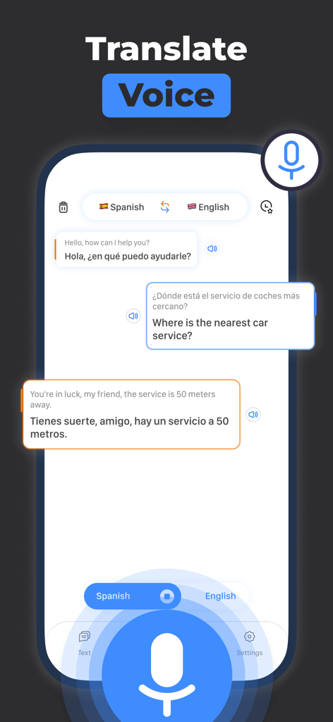 Interfaz de traducción de voz que muestra un diálogo conversacional entre hablantes de español e inglés.