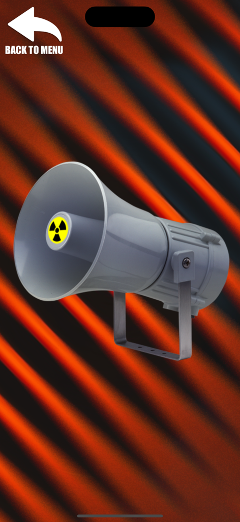 オレンジ色の縞模様の背景に黄色い放射線記号が付いた灰色のスピーカー。