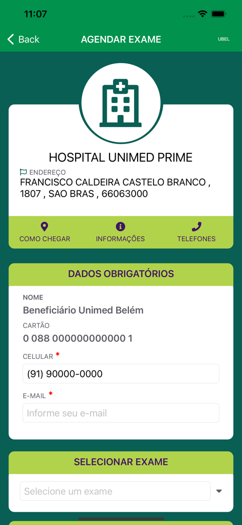 Interfaz de usuario de la aplicación Unimed Belem para programar un examen médico en el Hospital Unimed Prime.