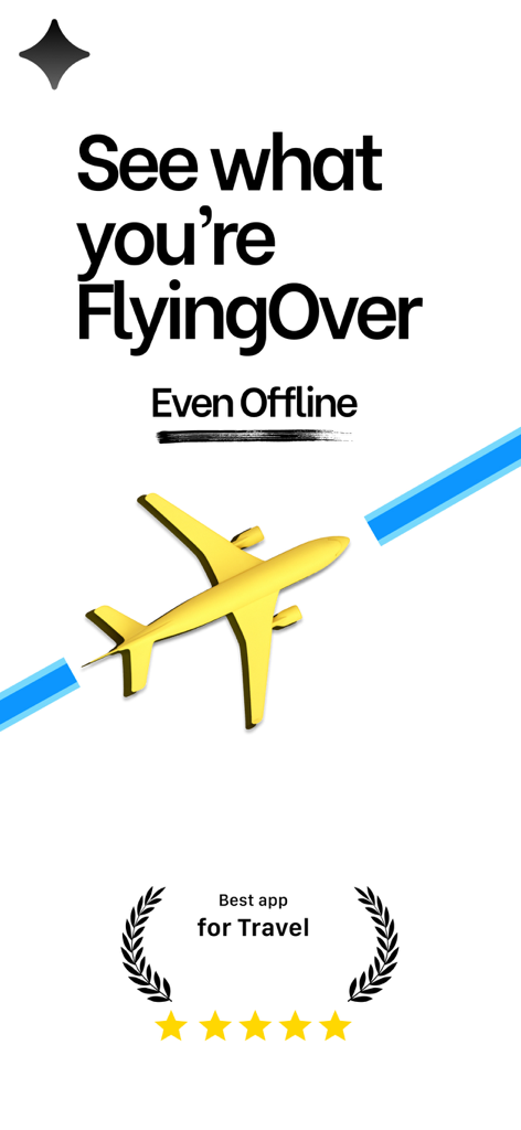 FlyingOver app splash screen showing a yellow plane and the text See what you are FlyingOver Even Offline