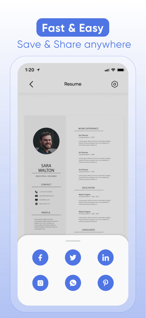 Resume Maker - CV Builder ۬ - Una pantalla de iPhone que muestra una vista previa de un currículum profesional con íconos para compartir en redes sociales como Facebook, Twitter y LinkedIn